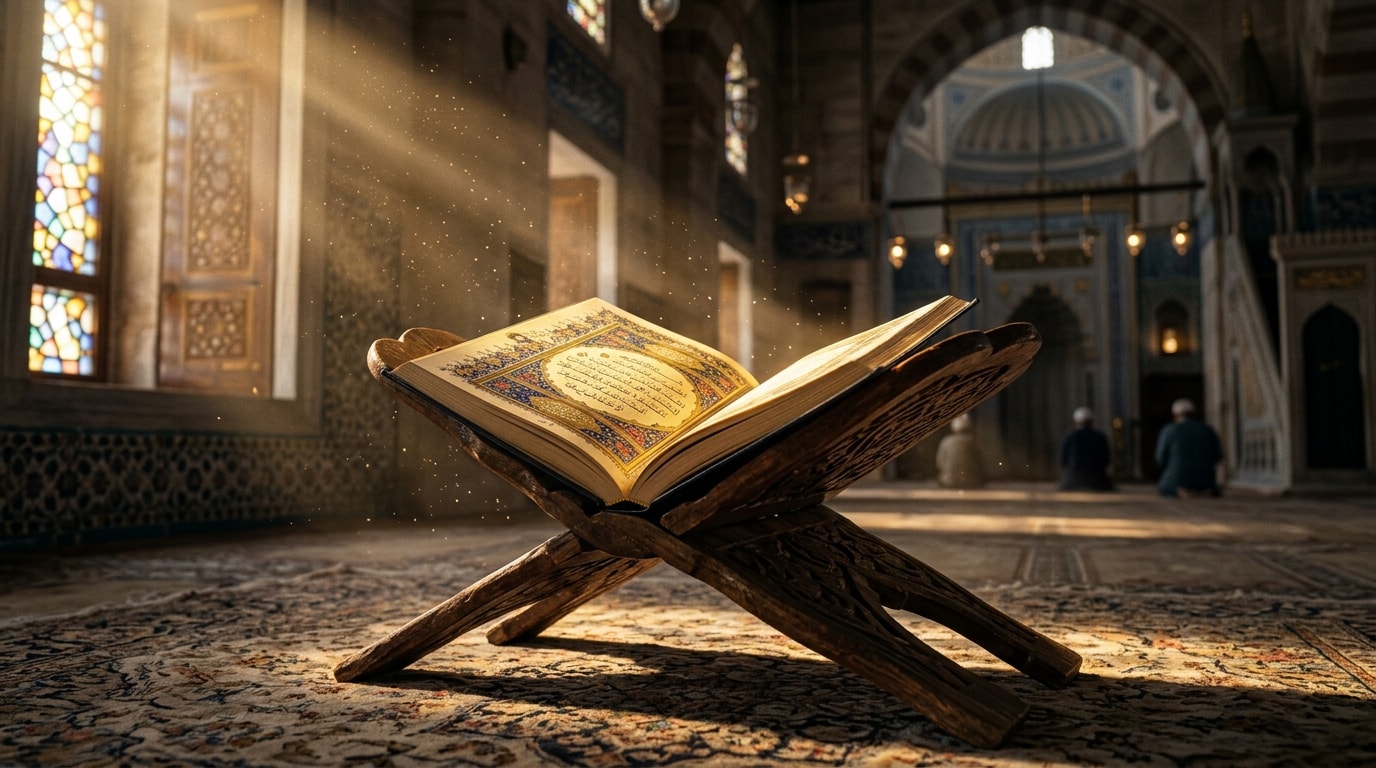 The Holy Quran open on an ornate wooden stand with golden sunlight in a peaceful mosque