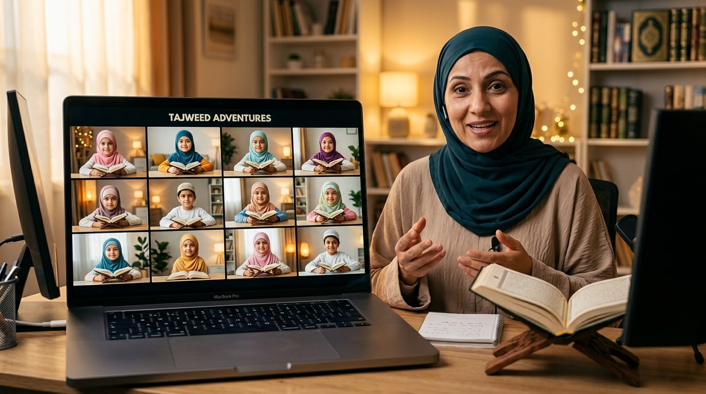Online interactive group Quran and Tajweed class for kids with qualified female Islamic scholar and teacher